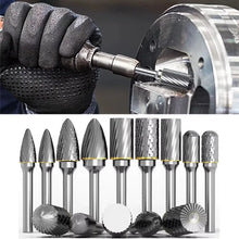 Load image into Gallery viewer, 10pcs 1/8" Shank Tungsten Carbide Milling Cutter Rotary Tool Burr Diamond Cut Rotary Drill Bit for Metalworking Polishing Tools
