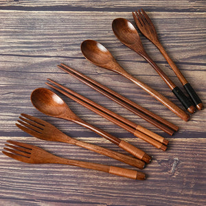 3 Pieces Natural Wood Tableware Set - Spoon, Fork, Chopsticks - Portable Dinnerware