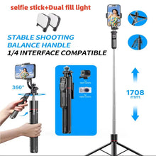 Load image into Gallery viewer, MEUYAG Selfie Stick Tripod with 1708mm Long Monopod Fill Light, Bluetooth Remote, 360° Rotation, 1/4 Interface, for mobile phone