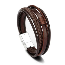Load image into Gallery viewer, Men Multilayer Leather Bracelet Stainless Steel Braided Rope 21cm