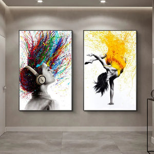 Graffiti Oil Painting Poster - Girl with Color Hair Piano Ballet Abstract Wall Art