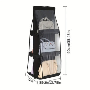 Black Handbag Hanging Organizer - 6 Pocket Foldable Storage Bag