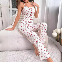 Load image into Gallery viewer, 2-Piece Women's Sexy Transparent Mesh Lace Set with Ribbed Printed Strap Top and Pants Home Clothes Pajama Set