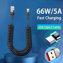 Load image into Gallery viewer, USB Type C 66W Car 5A Fast Charging Type C to Type C Spring Telescopic Cable For iPhone 15 Samsung Huawei Xiaomi Redmi OnePlus