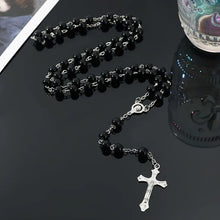 Load image into Gallery viewer, Faux Pearl Choker! Cross Pendant, Rosary Beads, Handmade