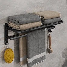 Load image into Gallery viewer, Matte Black 50cm Folding Towel Holder: Wall-Mounted Aluminum Rack with Hooks