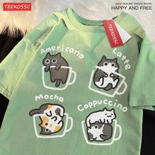 Load image into Gallery viewer, Cat Coffee Pure Cotton Trendy Summer Loose Short Sleeved T-shirt Men Women Original Mocha Latte Cat Three Flowers Fun Cat Tees