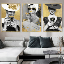 Load image into Gallery viewer, Scandinavian Wall Art - Fashionable Woman in Toilet with Gold Graffiti - HD Poster Print
