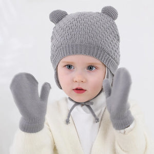2Pcs Baby Knit Gloves & Hat Set - Solid Color - Beanie Cap with Ear Protection - Warm Winter