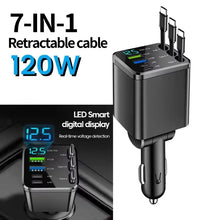 Load image into Gallery viewer, NEW Upgraded Retractable Car Charger 5 in 1, 69W Fast Charging PD30W+2.4A Voltage Display Dual Cables for iPhone &amp; Android