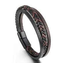 Load image into Gallery viewer, Men Multilayer Leather Bracelet Stainless Steel Braided Rope 21cm