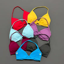 Load image into Gallery viewer, HISTELLO Strappy Bra Gym Top Women High Support Thin Strap Halter Sports Seamless Bras Scrunch Push-up Workout Yoga Tank Tops