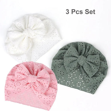 3 Pcs Baby Fetal Cap Set - Breathable Solid Color Bow Headwear