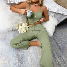 Load image into Gallery viewer, New Women's two-piece pajama set with solid color lace edging sexy slim fit suspender and pants soft and comfortable pajamas set