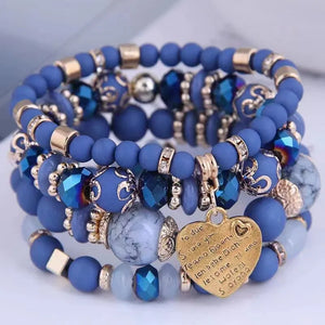 Boho Crystal Beads Bracelets: Heart Letter Elastic Bangles Set for Women