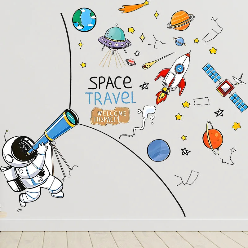 Astronaut Planet Wall Sticker Space Theme Kids Room Self-Adhesive Decor