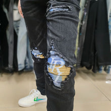 Load image into Gallery viewer, Men&#39;s Black Graffiti Ripped Jeans - Slim Fit Patchwork Denim with Painted Letters