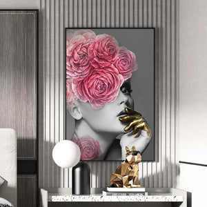 Nordic Classic Aesthetic Wall Art - Flowers On The Head with Gold Women HD Oil Canvas