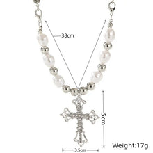 Load image into Gallery viewer, Handmade Faux White Gold Cross Pendant Necklace Hip Hop Punk Faux Pearls Collar
