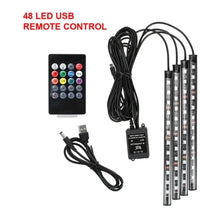 Load image into Gallery viewer, Neon 48 LED RGB Car Foot  Ambient Lights LED Strip Interior Lamps with USB/Cigarette Strip Decoration Bar Remote Control