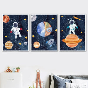 Space Rocket Astronaut Canvas Art Nordic Poster Baby Room Decor