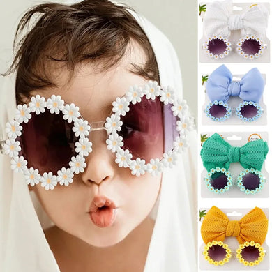 2Pcs Baby Headband & Sunglasses Set - Elastic Nylon - Daisy Headband & Flower Sunglasses