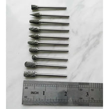 Load image into Gallery viewer, 10pcs 1/8" Shank Tungsten Carbide Milling Cutter Rotary Tool Burr Diamond Cut Rotary Drill Bit for Metalworking Polishing Tools