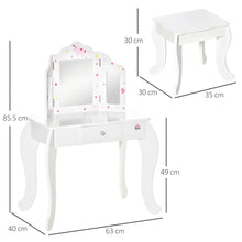 Load image into Gallery viewer, HOMCOM Kids Vanity Table &amp; Stool Girls Dressing Set Make Up Desk with Rotatable Mirrors Drawer Star &amp; Heart Pattern White