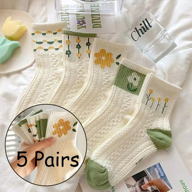 Girls Short Socks 5 Pairs Cute Flowers Print Cotton Breathable Comfortable Assorted Patterns