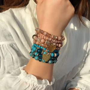 Boho Crystal Beads Bracelets: Heart Letter Elastic Bangles Set for Women