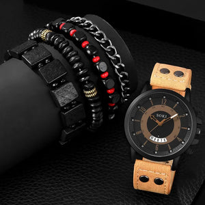 5PCS Hip Hop Men's Bracelet Watches Set Calendar Quartz Casual Leather Watch