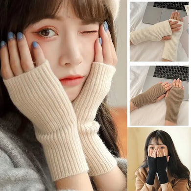 Women's Solid Half Finger Knit Gloves - Winter Warmth and Style
