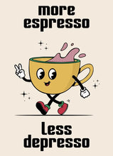 Load image into Gallery viewer, Retro Kitchen Food Cartoon Poster Character Coffee More Espresso Less Depresso Quotes Poster Wall Canvas Painting Room Decor