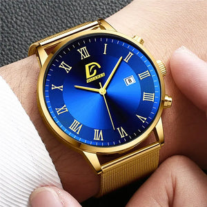 Fashion Mens Calendar Watches Luxury Gold Mesh Belt Quartz Watch Set Business Wristwatch