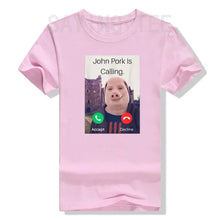 Load image into Gallery viewer, John Pork Is Calling Answer Call Phone Women T-Shirt Humor Funny Pig Lover Graphic Tee Top Streetwear Short Sleeve Outfit Gift