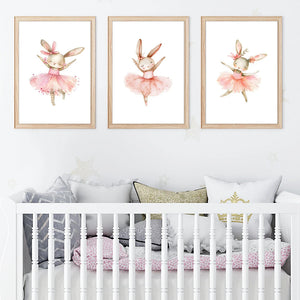 3pcs Cute Ballerina Bunny Ballet Canvas Posters Woodland Animal Print Painting Girls Room Decor Rabbit Wall Art Nursery Decor