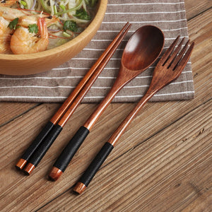 3 Pieces Natural Wood Tableware Set - Spoon, Fork, Chopsticks - Portable Dinnerware