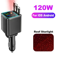 Load image into Gallery viewer, NEW Upgraded Retractable Car Charger 5 in 1, 69W Fast Charging PD30W+2.4A Voltage Display Dual Cables for iPhone &amp; Android