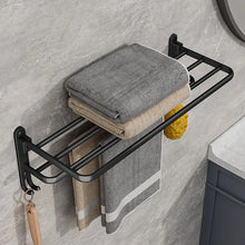 Load image into Gallery viewer, Matte Black 50cm Folding Towel Holder: Wall-Mounted Aluminum Rack with Hooks