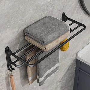 Matte Black 50cm Folding Towel Holder: Wall-Mounted Aluminum Rack with Hooks