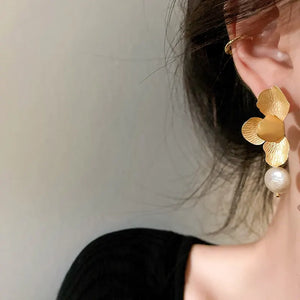 Freshwater Pearl Earrings! Vintage Gold Petal Dangle