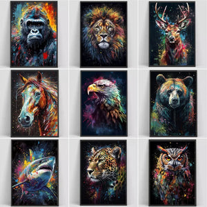 Classic Abstract Wildlife Wall Art - Watercolor Shark, Lion, Tiger - Canvas Poster & Print