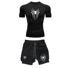 Load image into Gallery viewer, Men's Workout Compression Set Y2K Spider Printed Gym Tshirts Breathable Running Shorts Quick Dry Sports Rash Guard Sportwear Set