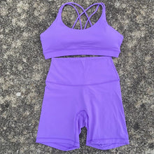 Load image into Gallery viewer, Solid Color Gym Bike Yoga Set Short Legging Cross Back Sport Bra 2pc Tracksuit Athletic Women Gym Suit Comprehensive Training Jo