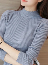 Load image into Gallery viewer, 2025 Autumn Women Mock Neck Ruffles Sweater Long Sleeve Knitted Bottoming Solid Pullovers Stripe Women Casual Sweater Winter