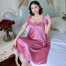 Load image into Gallery viewer, Ladies Ice Silk Nightgowns Sleeping Dress Medium Length Short Sleeve Nightdress Sexy Sleepwear Home Wear Loungewear Pyjama Femme