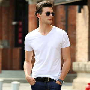 Men's Ice Silk V-Neck Tee: Summer Cool, Quick Dry, Breathable - Short Sleeve Top