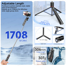 Load image into Gallery viewer, F16 Selfie Stick Tripod with 1708mm Long 8-Section Pole, Bluetooth Remote, 360° Rotation, 1/4 Interface, for Phone Camera Vlog