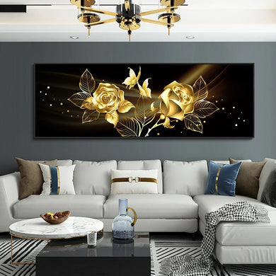 Modern Abstract Wall Art - Black and Gold Flowers - HD Canvas Oil Painting Poster