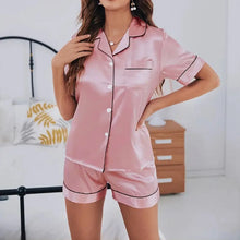 Load image into Gallery viewer, Luxurious Satin Pajama for Women Sleepwear Summer Short Sleeve Tops with Button-Up Lapel Collar &amp; Shorts Pyjama Femme Lounge Set